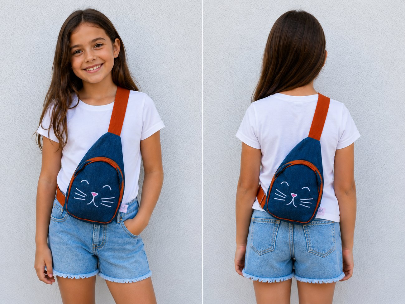 Criança usando a Mochila Let’s Cats a tiracolo